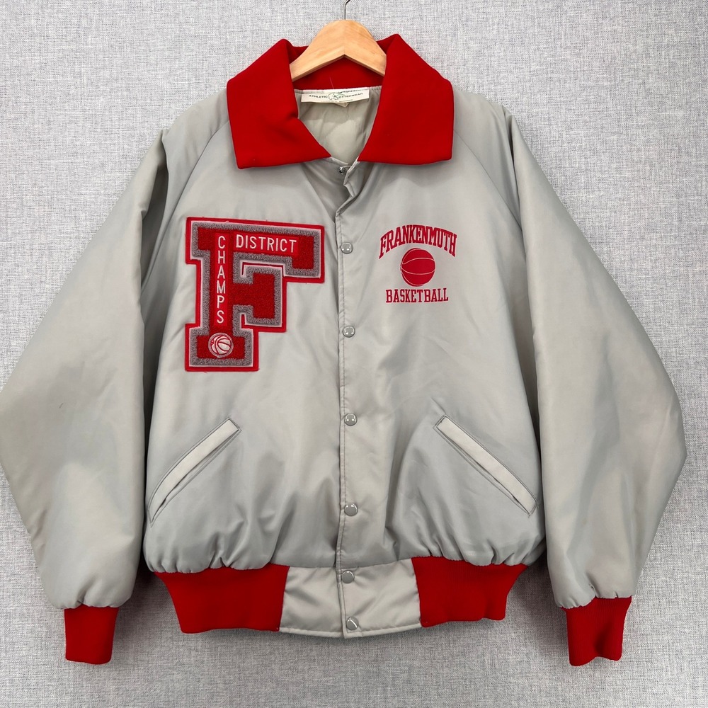 VTG 80s Frankenmuth Varsity Basketball Jacket Men XL Gray District Champs